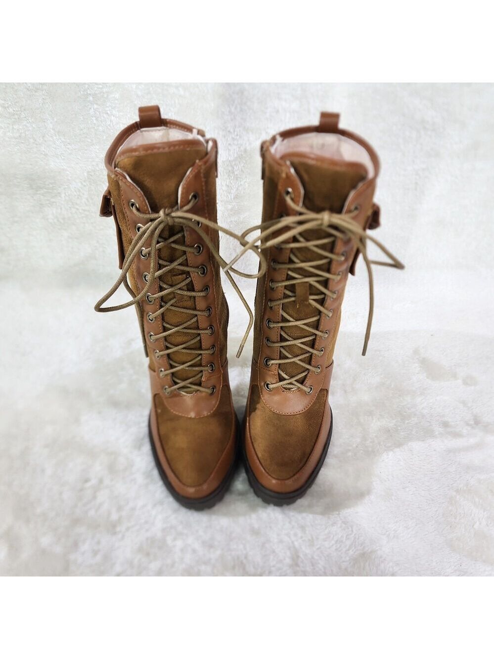 NIB Park Ave Brown / Tan Faux Suede Chunky Platform High Heel Ankle Boots - Picture 7 of 12